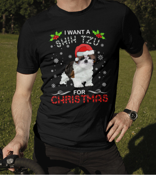I Want A Shih Tzu For Christmas Snowflakes Holly Santa Hat T-Shirt