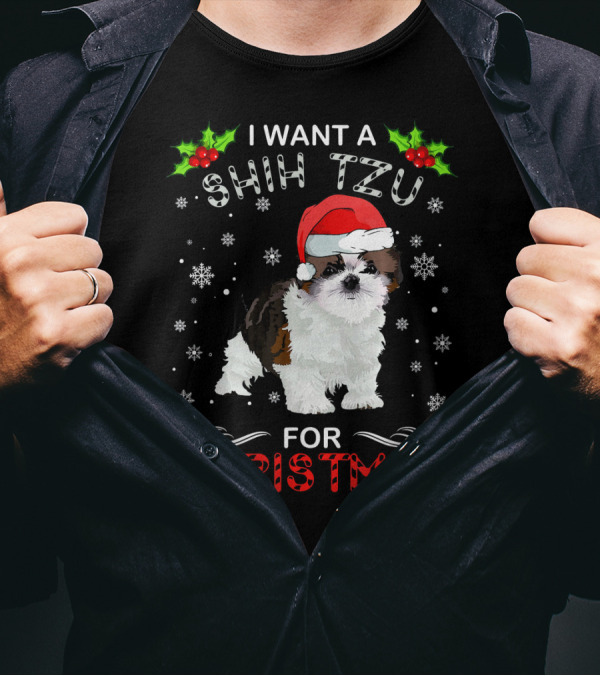 I Want A Shih Tzu For Christmas Snowflakes Holly Santa Hat T-Shirt
