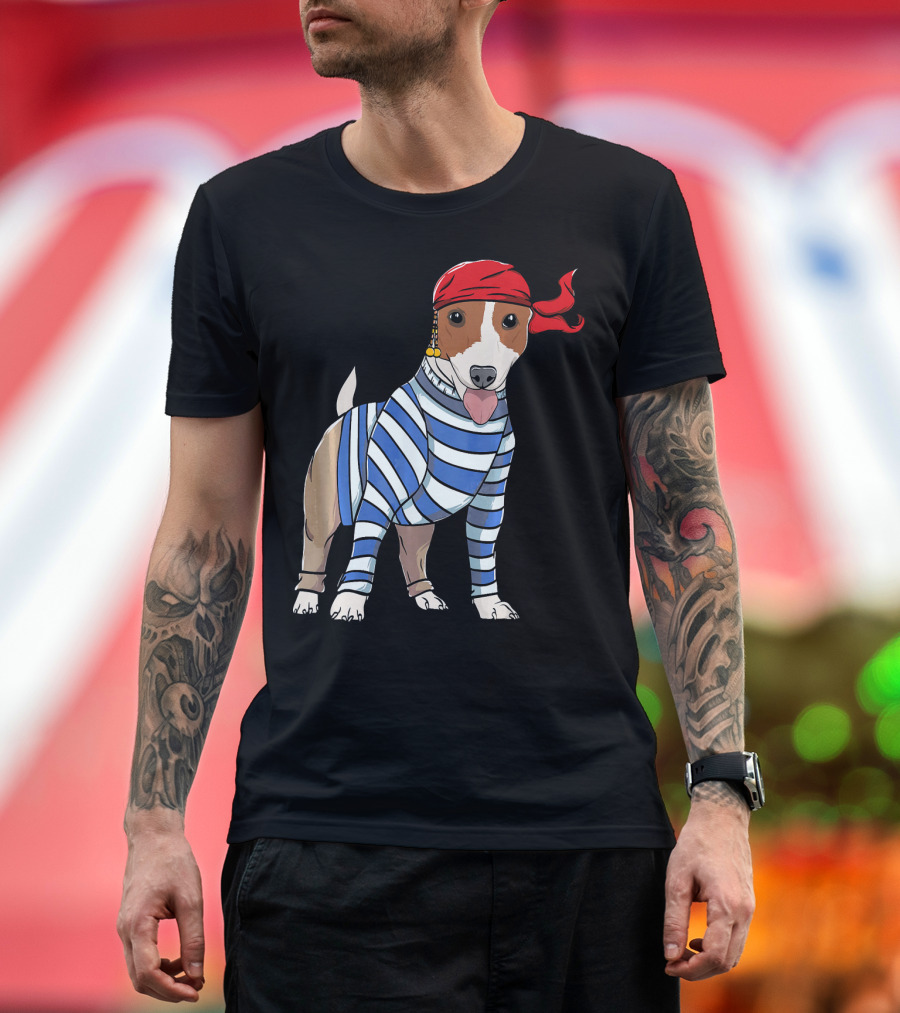 Jack Russell Terrier Dog Breeds as a Pirate with Red Bandana and Striped T-Shirt