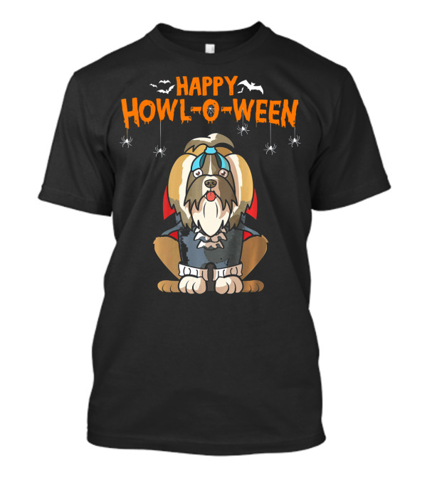Happy Howl-O-Ween Shih Tzu Vampire Dog With Bats And Spiders T-Shirt