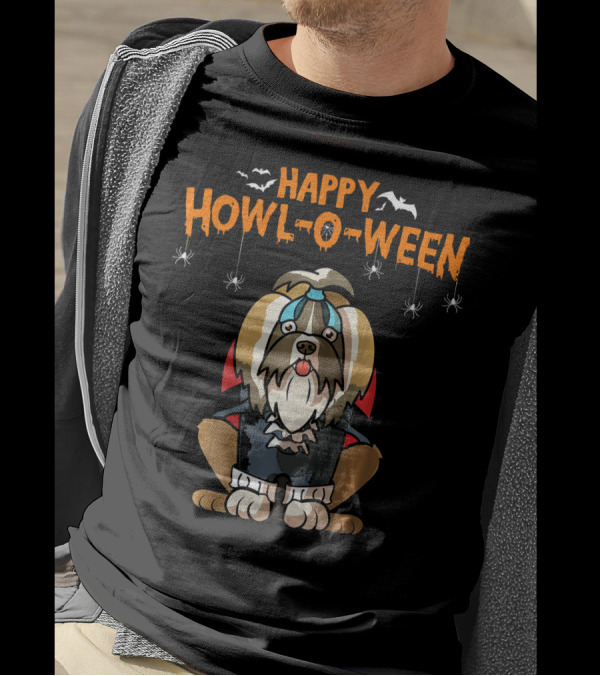 Happy Howl-O-Ween Shih Tzu Vampire Dog With Bats And Spiders T-Shirt