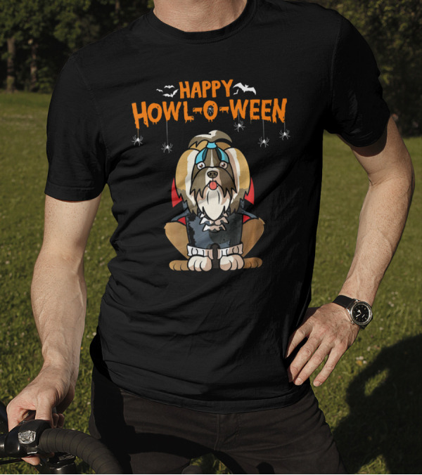 Happy Howl-O-Ween Shih Tzu Vampire Dog With Bats And Spiders T-Shirt