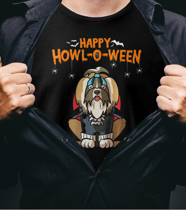 Happy Howl-O-Ween Shih Tzu Vampire Dog With Bats And Spiders T-Shirt