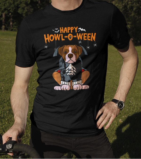 Happy Howl O Ween Boxer Vampire Dog Hall Spiders Bats T-Shirt