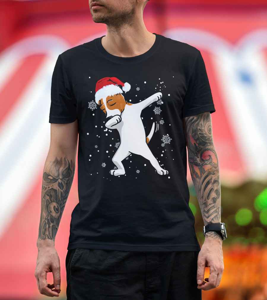 Jack Russell Terrier Dabbing Christmas Santa Hat Snowflakes T-Shirt
