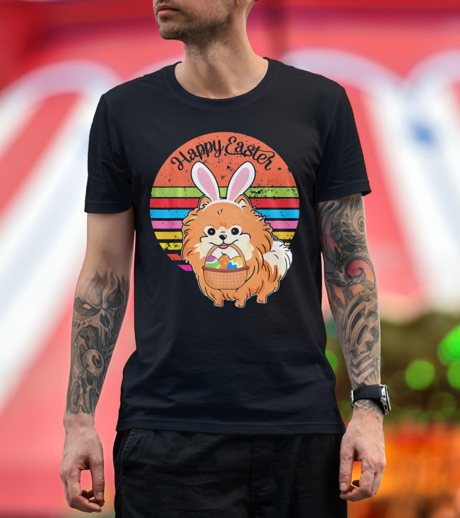 Happy Easter Pomeranian Bunny Dog with Basket of Easter Eggs T-Shirt