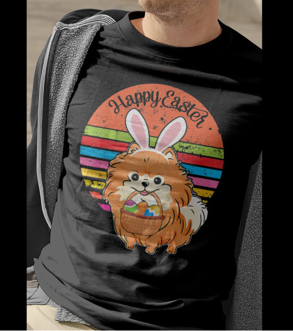 Happy Easter Pomeranian Bunny Dog With Basket Of Easter Eggs T-Shirt
