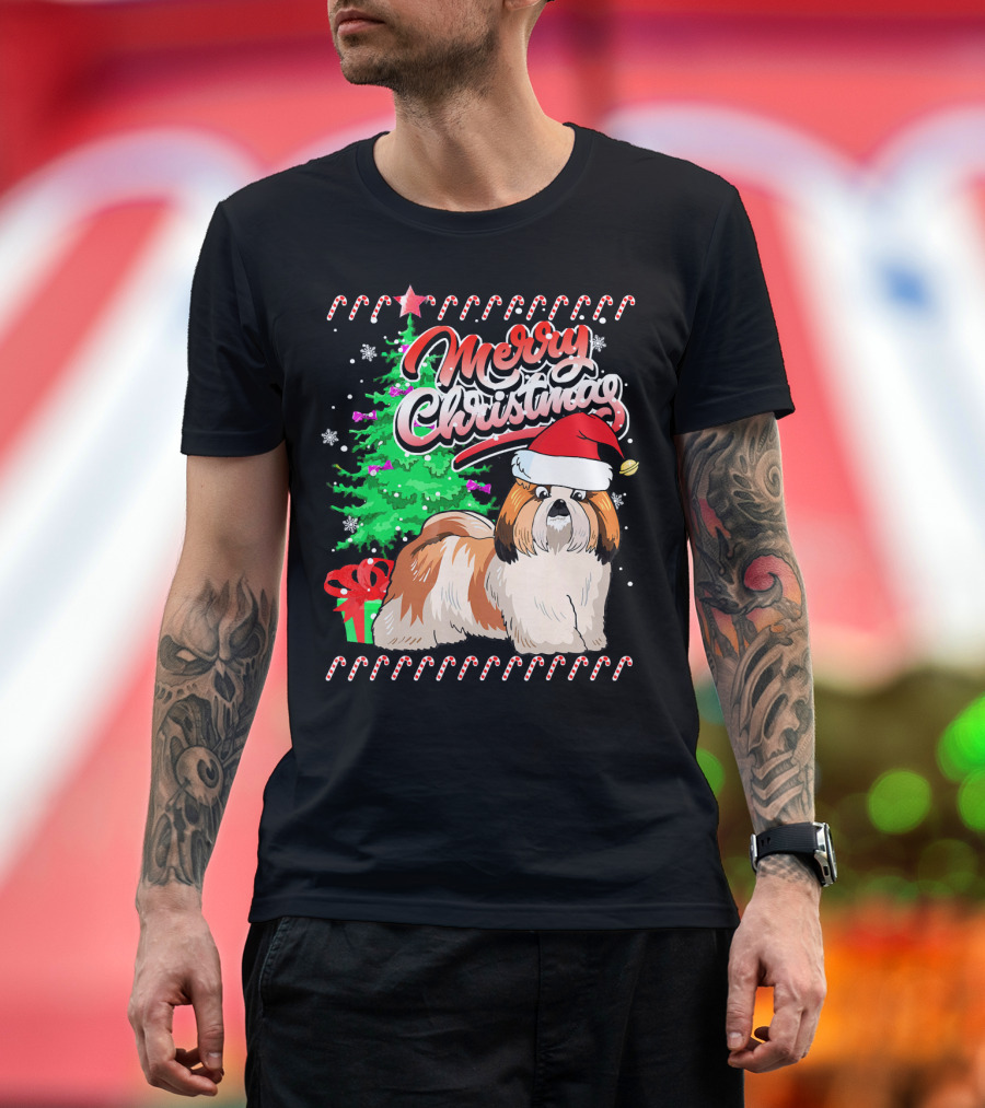 Merry Christmas Shih Tzu Santa Hat Candy Canes T-Shirt