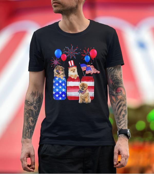 Premium T-Shirt: Pomeranian Fourth of July USA Patriotic Beer and Dogs Celebration with Flags Fireworks Balloons T-Shirt Pomeranian Fourth of July USA Patriotic Beer and Dogs Celebration with Flags Fireworks Balloons T-Shirt