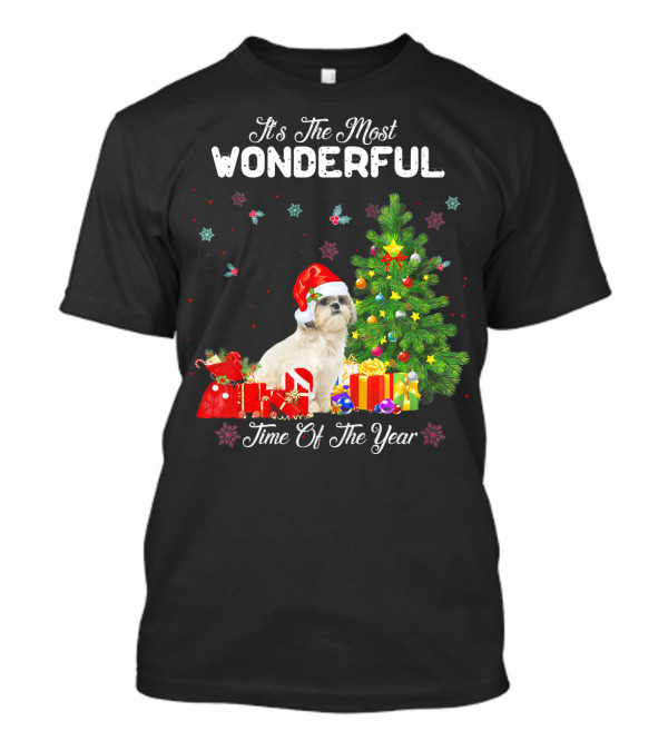 It's The Most Wonderful Time Of The Year Shih Tzu Christmas Tree Santa Hat Snowflakes T-Shirt