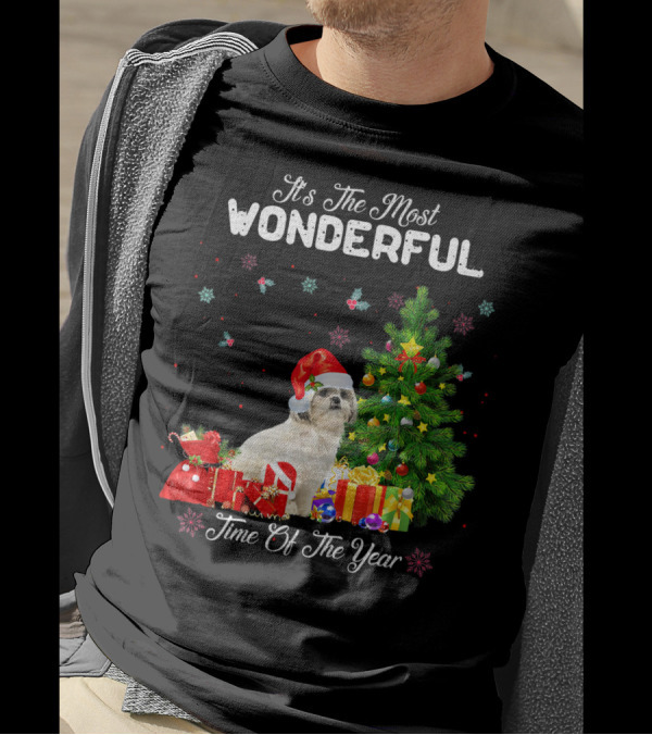 It's The Most Wonderful Time Of The Year Shih Tzu Christmas Tree Santa Hat Snowflakes T-Shirt