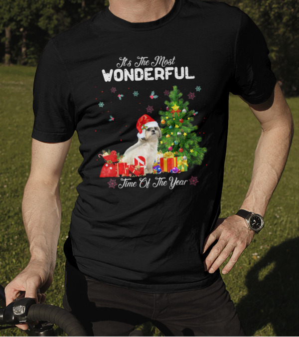 It's The Most Wonderful Time Of The Year Shih Tzu Christmas Tree Santa Hat Snowflakes T-Shirt