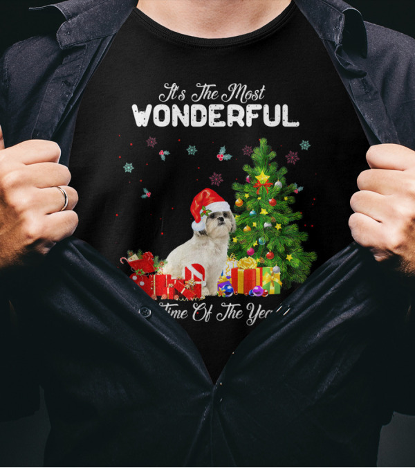 It's The Most Wonderful Time Of The Year Shih Tzu Christmas Tree Santa Hat Snowflakes T-Shirt