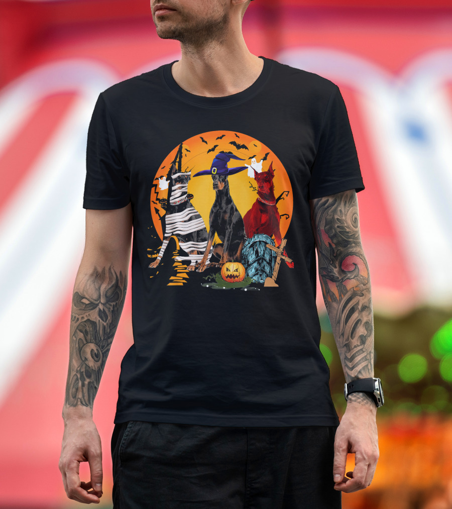 My Doberman Pinscher Team Boo Pumpkin Halloween Ghosts and Bats T-Shirt