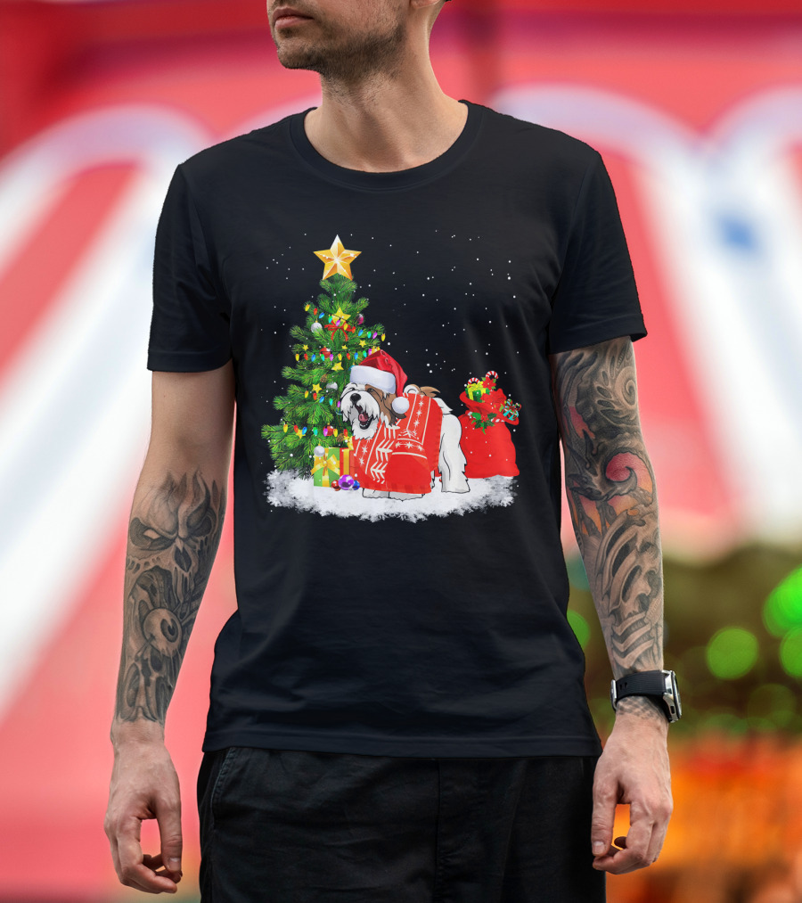 Shih Tzu Dog Christmas Tree Santa Hat Snow Gifts T-Shirt