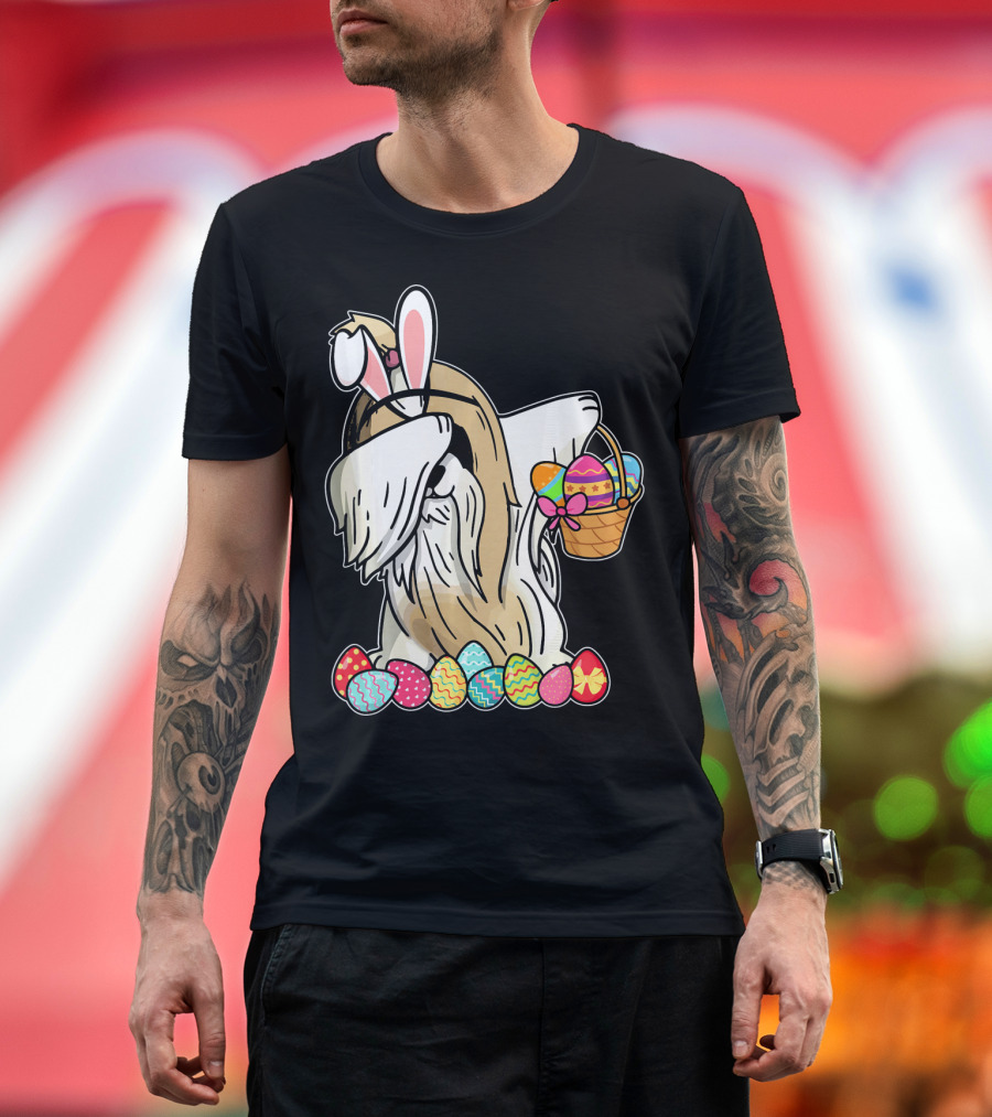 Shih Tzu Dabbing Dressed as Easter Bunny with Basket of Colorful Eggs T-Shirt
