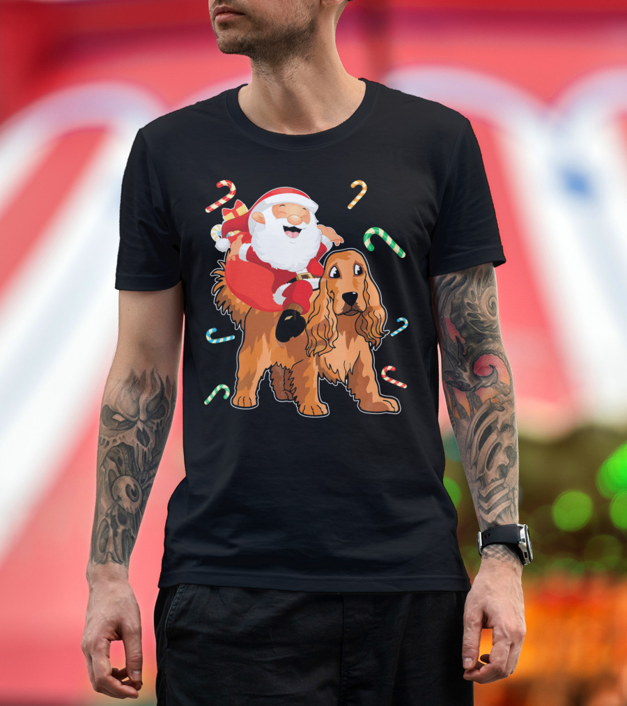 Santa Riding American Cocker Spaniel with Candy Canes T-Shirt