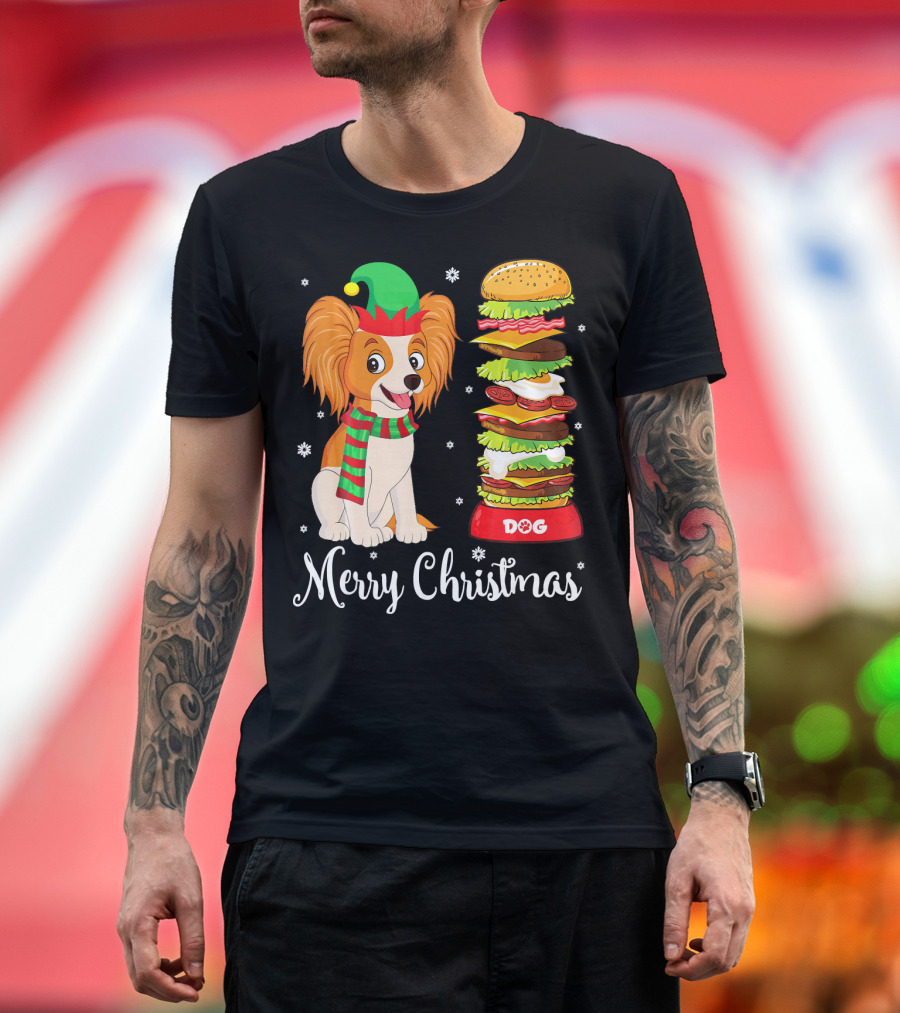 Merry Christmas Papillon in Elf Costume with Stacked Hot Dog and Burger Tower T-Shirt