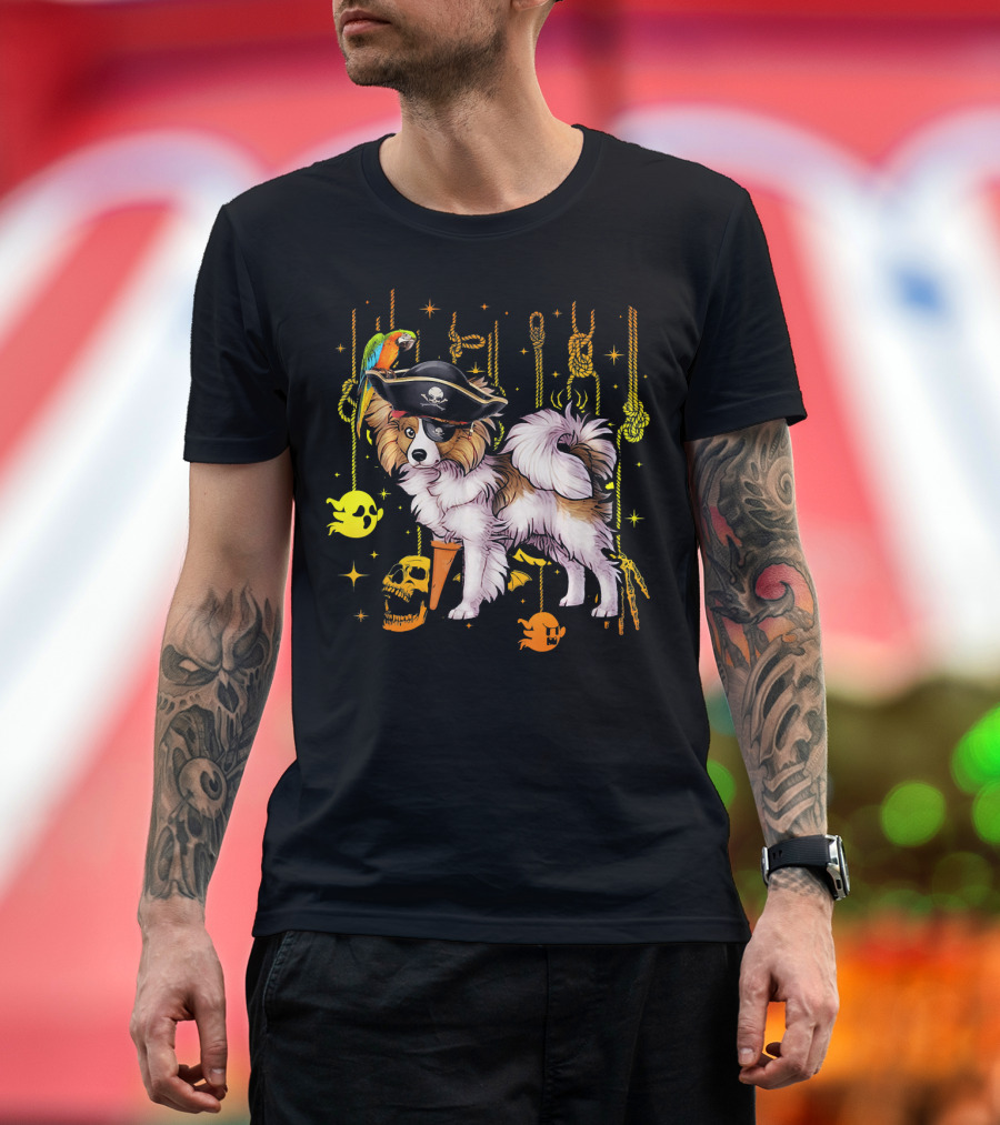 Papillon Pirate Halloween Dog Lovers with Parrot and Skull Elements T-Shirt