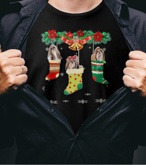 Shih Tzu In Christmas Stockings With Poinsettias And Bells Holiday Scene T-Shirt