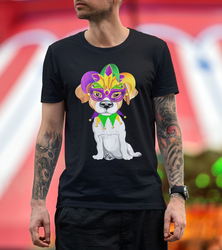 Russell Terrier in Mardi Gras Jester Costume with Mask and Jester Hat T-Shirt