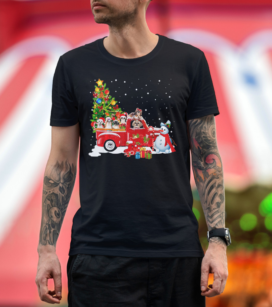 Merry Christmas Shih Tzu Puppies in Festive Truck with Snowman and Gifts T-Shirt