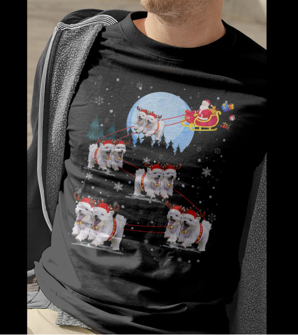 Santa's Sleigh With Maltese Reindeer Under Moonlit Snowflakes T-Shirt