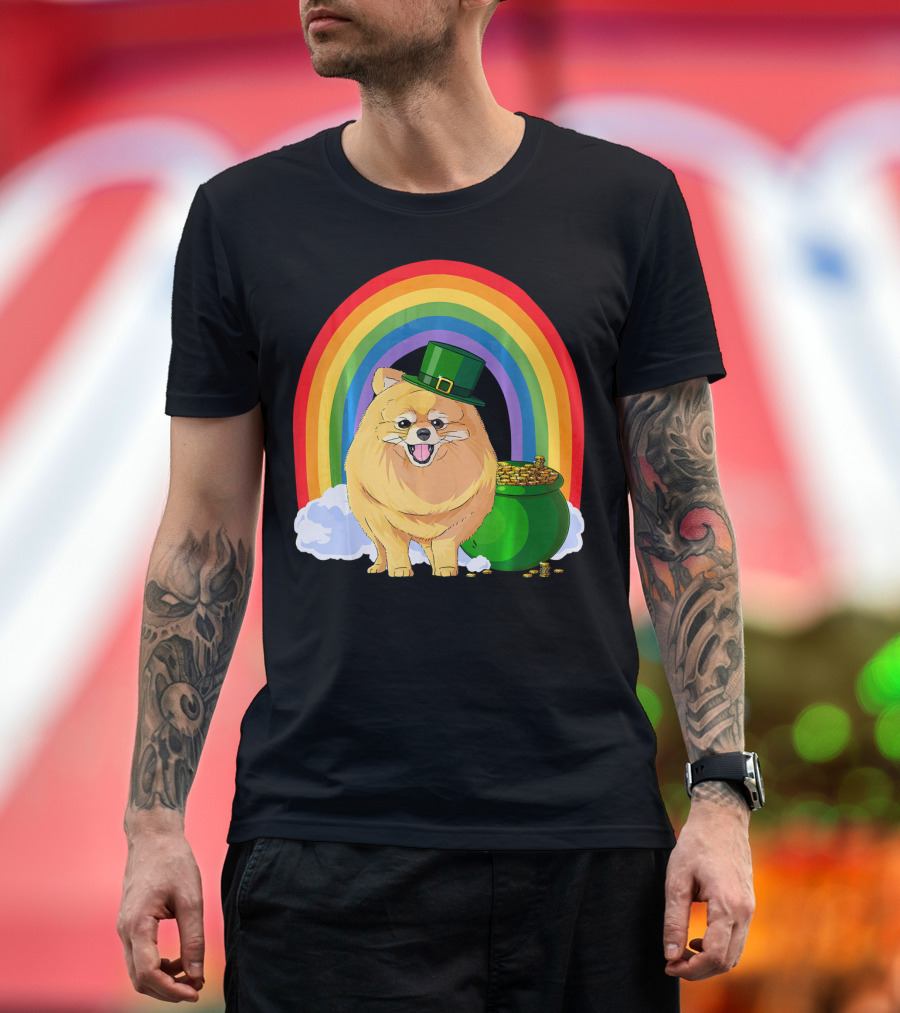St Patricks Day Pomeranian Leprechaun with Rainbow and Pot of Gold T-Shirt