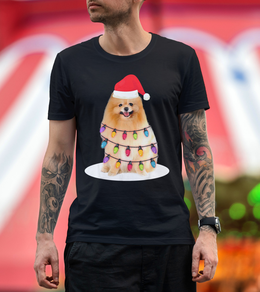 Pomeranian Christmas Light Santa Hat Festive Holiday Dog T-Shirt