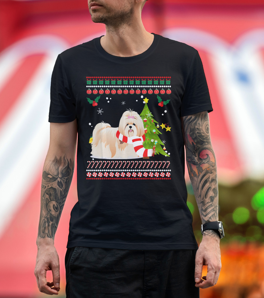 Cute Shih Tzu Christmas Pine Tree Snowflakes Candy Canes T-Shirt
