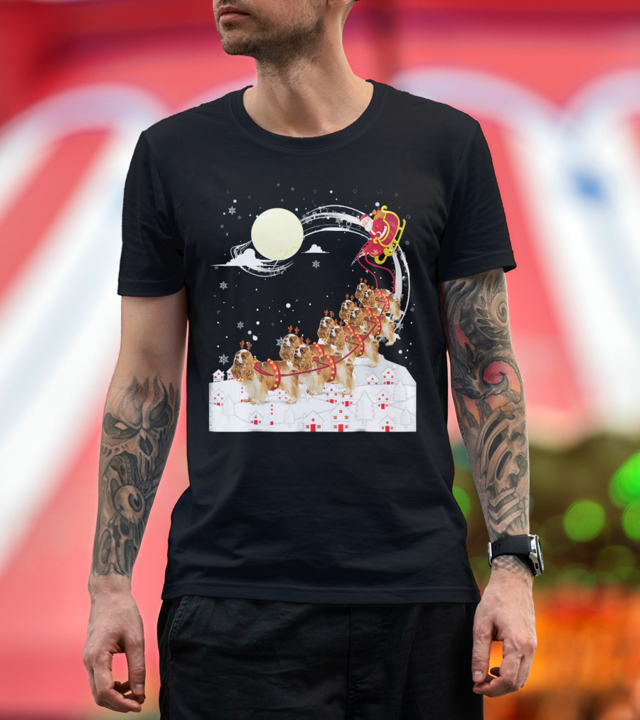 Cavalier King Charles Spaniel Reindeer Sleigh with Santa in Night Sky T-Shirt