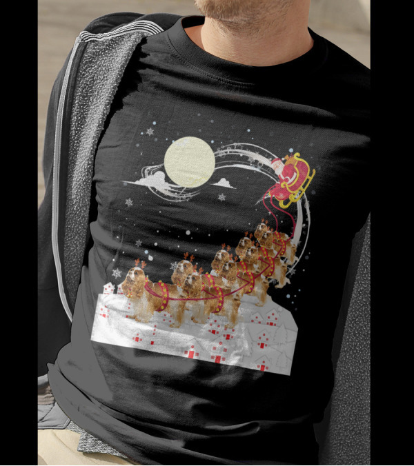 Cavalier King Charles Spaniel Reindeer Sleigh With Santa In Night Sky T-Shirt