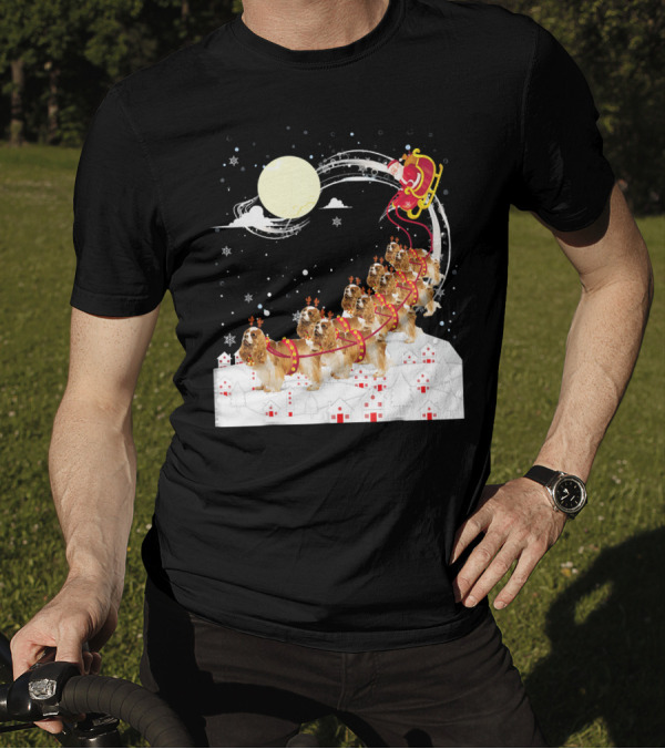 Cavalier King Charles Spaniel Reindeer Sleigh With Santa In Night Sky T-Shirt