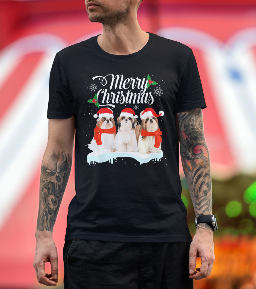 Merry Christmas Shih Tzu Puppies with Santa Hats and Snowflakes T-Shirt