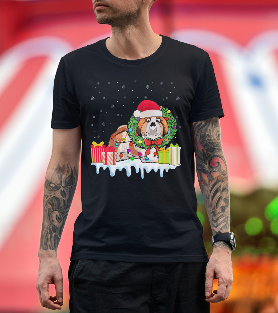 Shih Tzu Christmas Santa Hat Wreath Festive Gifts Snowflakes T-Shirt