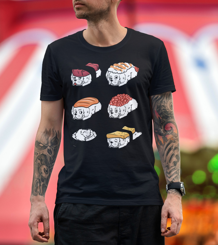 Maltese Dog Sushi Nigiri Parody with Funny Expressions and Creative Toppings T-Shirt