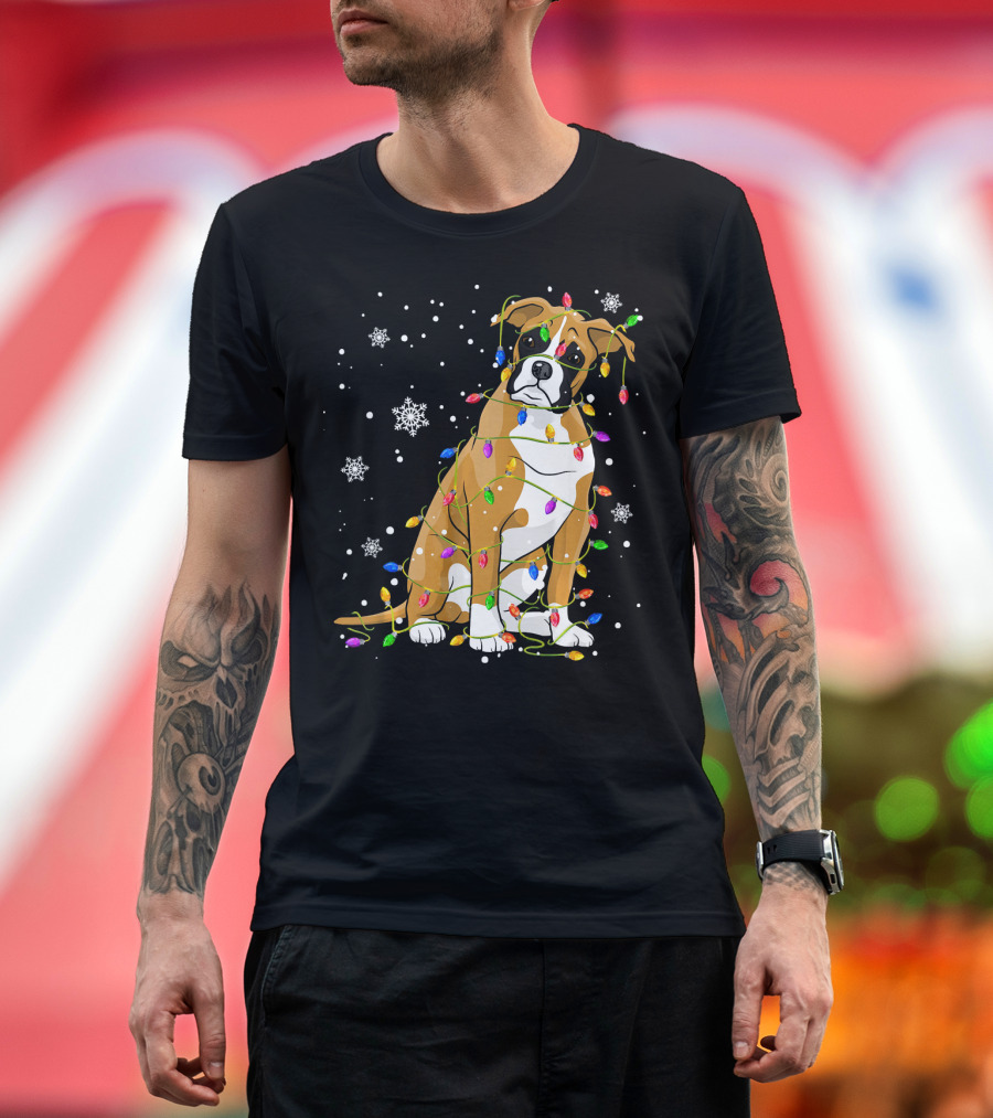 Cute Boxer Dog Wrapped in Christmas Tree Lights with Snowflakes and Holiday Spirit T-Shirt