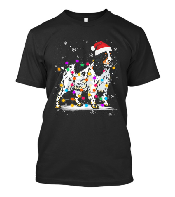 Cocker Spaniel Wrapped In Colorful Christmas Lights And Santa Hat With Snowflakes T-Shirt