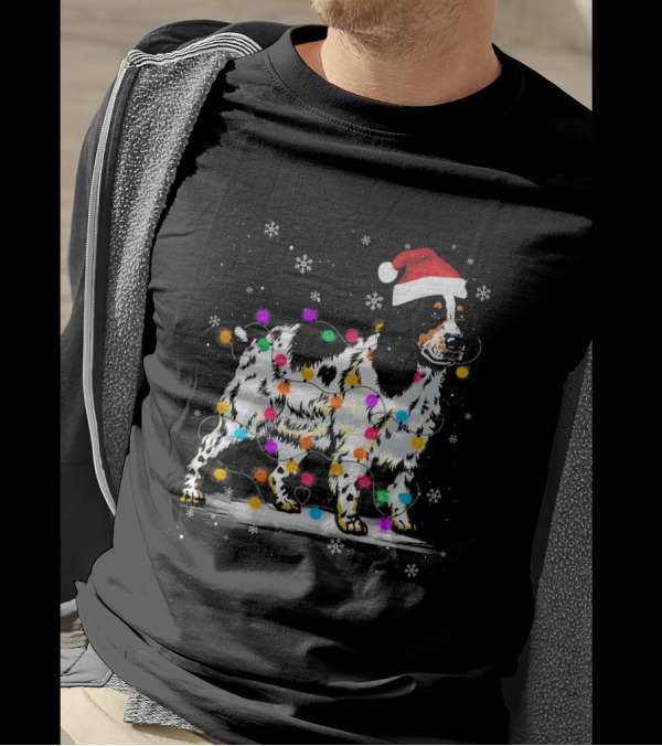Cocker Spaniel Wrapped In Colorful Christmas Lights And Santa Hat With Snowflakes T-Shirt