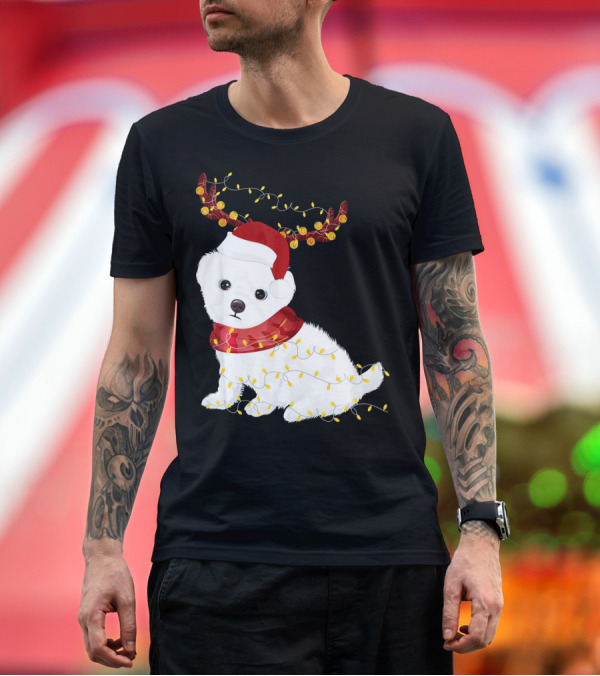 Premium T-Shirt: Maltese Dog in Santa Hat with Reindeer Antlers and Xmas Lights T-Shirt Maltese Dog in Santa Hat with Reindeer Antlers and Xmas Lights T-Shirt