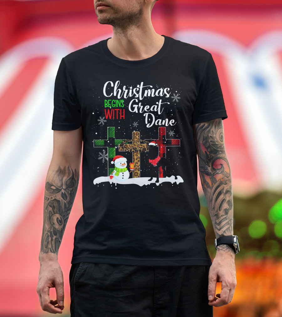 Christmas Begins With Great Dane Snowman and Crosses T-Shirt
