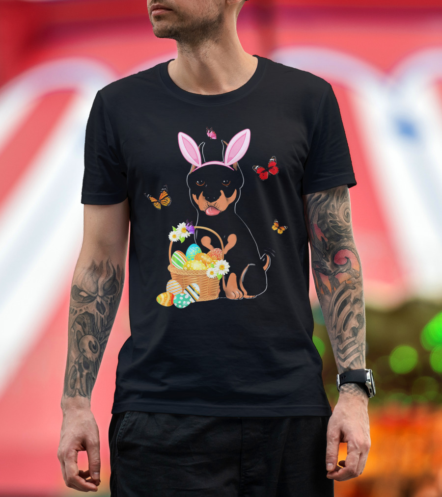 Doberman with Bunny Ears Easter Eggs Basket and Butterflies T-Shirt