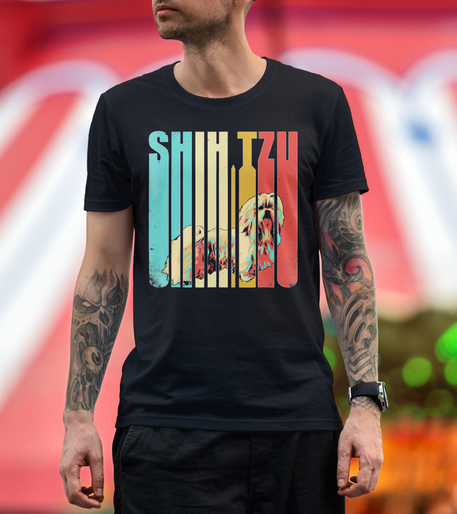 Vintage Shih Tzu Dog Design Colorful Stripes T-Shirt