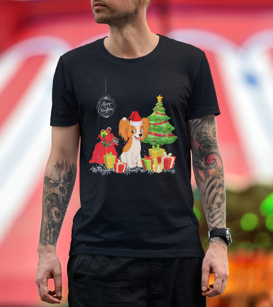 Papillon With Santa Hat Merry Christmas Tree and Gifts T-Shirt