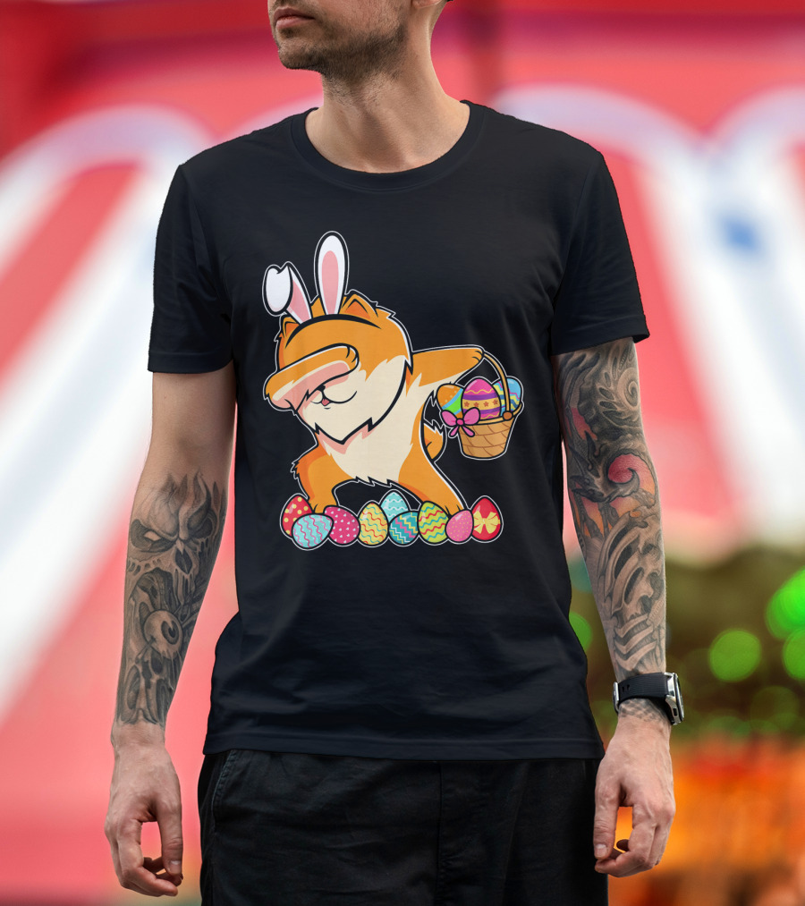 Pomeranian Dabbing with Easter Bunny Ears and Egg Basket T-Shirt