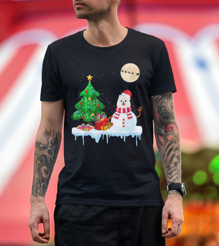 Pomeranian Snowman Christmas Tree Santa Sleigh Moon T-Shirt