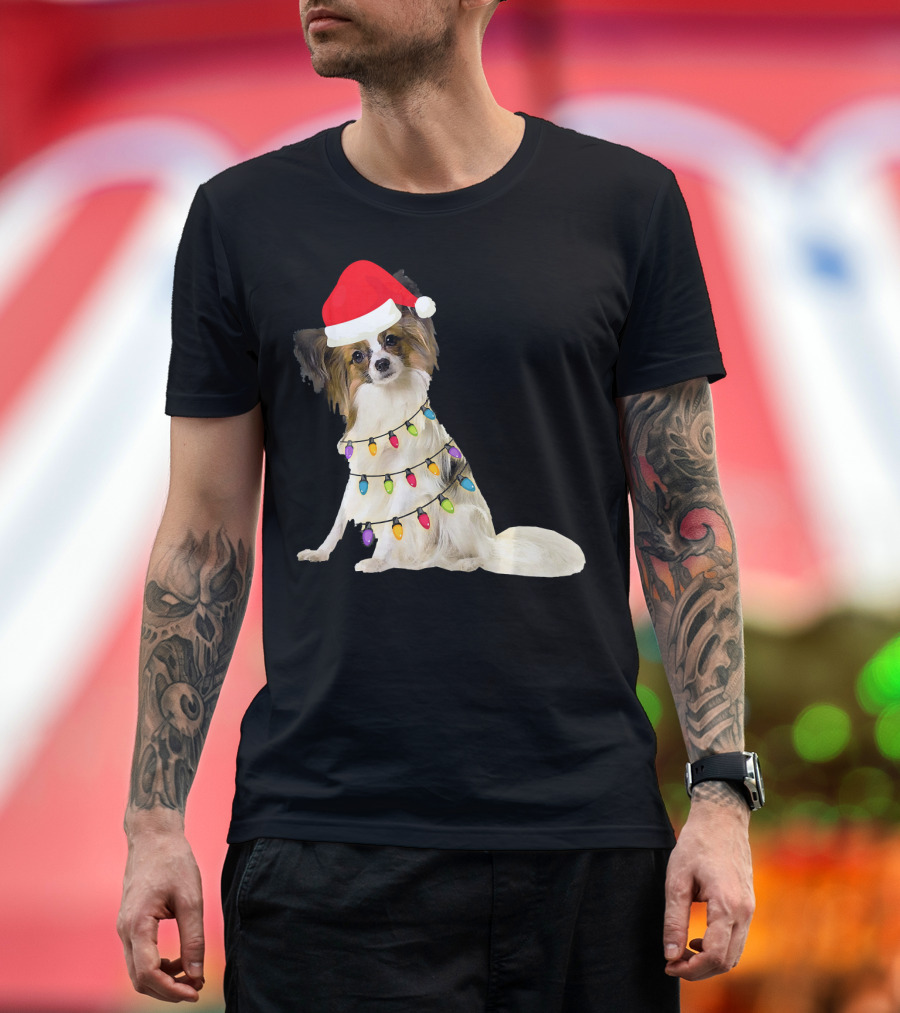 Papillon Christmas Light Dog with Santa Hat T-Shirt