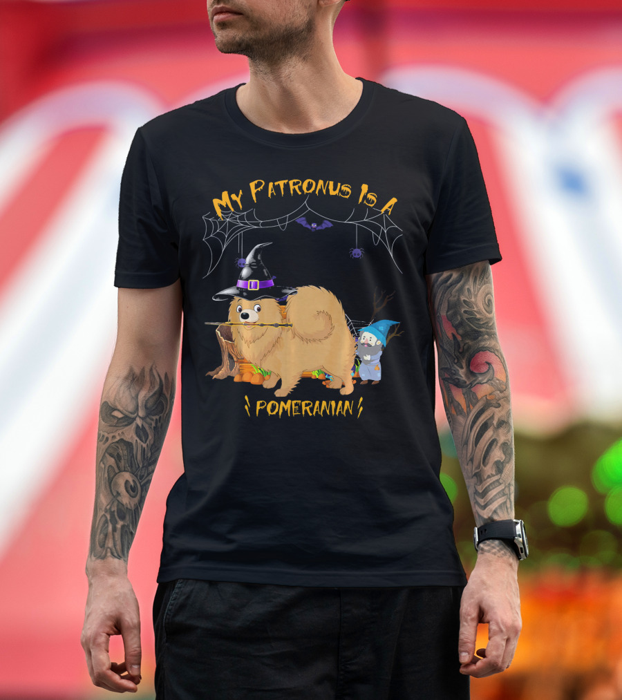 My Patronus Is a Pomeranian Magic Halloween Dog with Witch Hat and Spider Webs T-Shirt