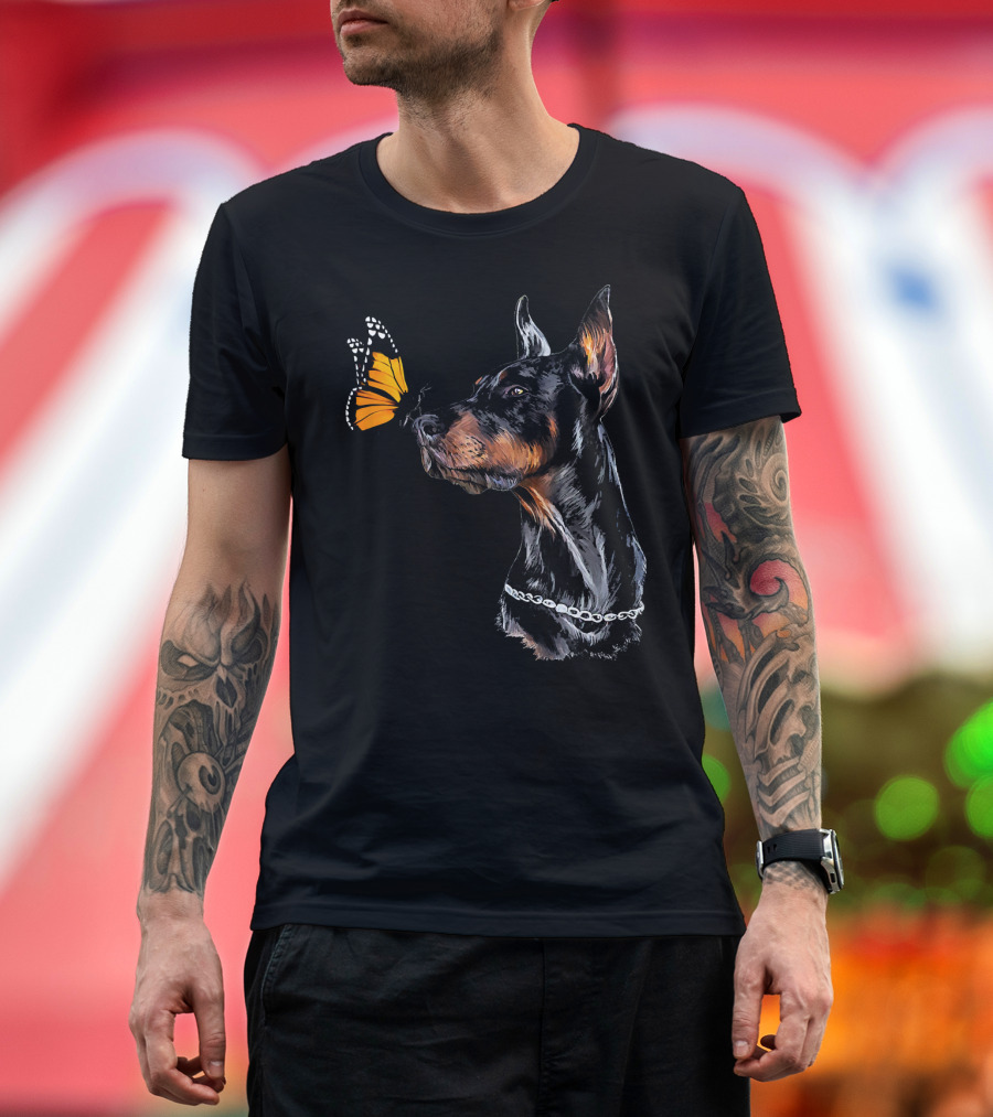 Cute Doberman Pinscher With Butterfly Interaction T-Shirt