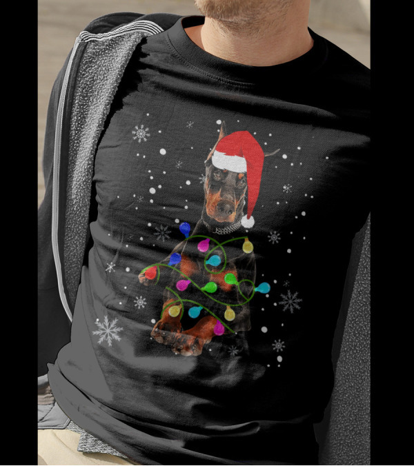 Doberman Santa Hat With Christmas Lights And Snowflakes T-Shirt